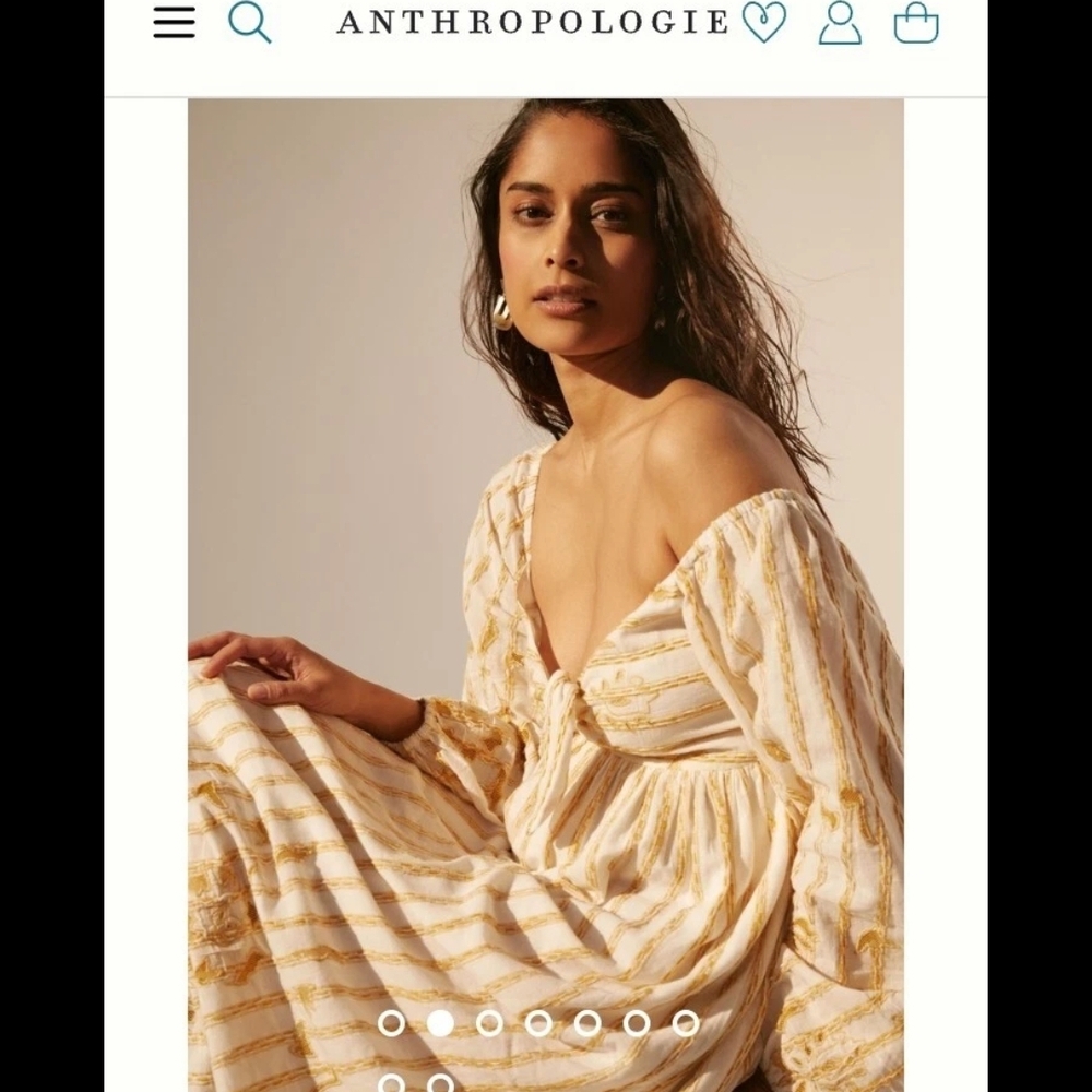 Anthropologie White And Gold Embroidered Sweetheart Maxi - S Dress With Pockets